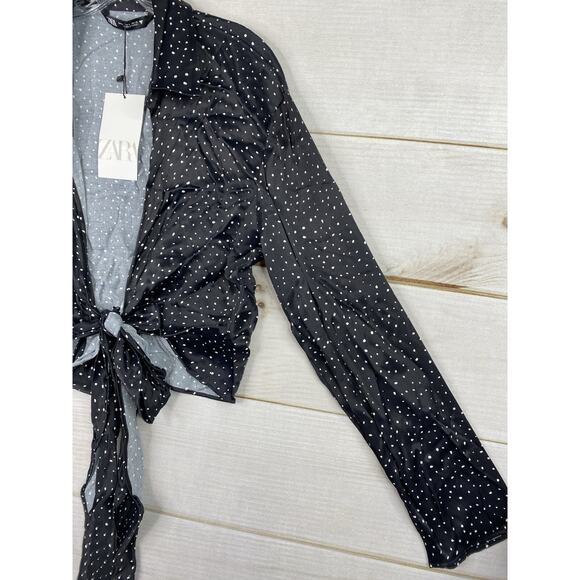 Zara Womens Top Size L Black Animal Print Satin Tie Open Front Long Sleeve NWT - Picture 4 of 9